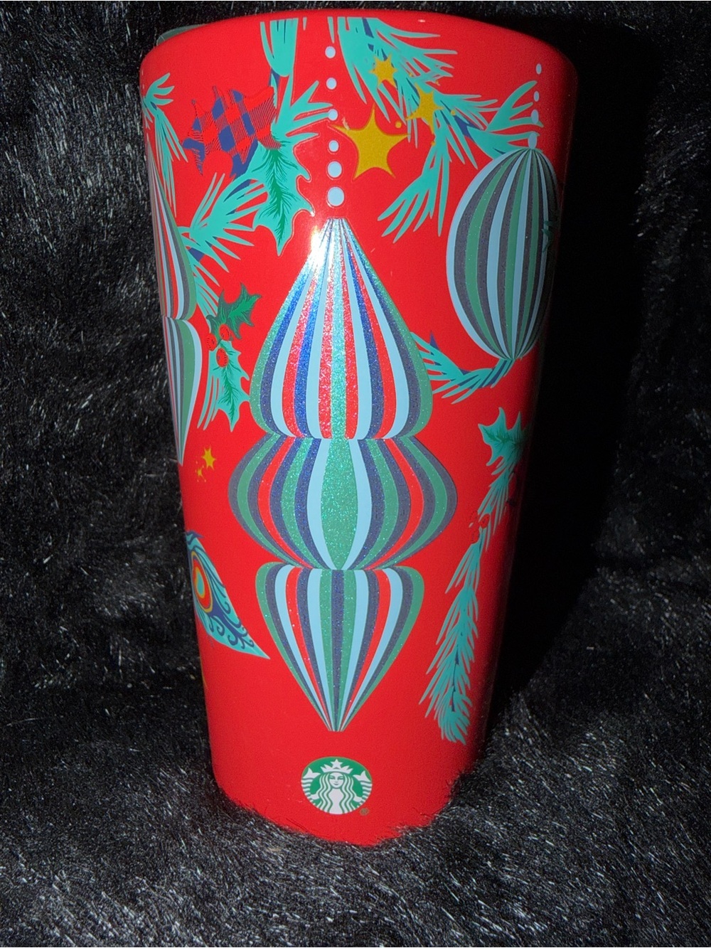 Starbucks Red Tumbler with Teal and Blue Ornament Design